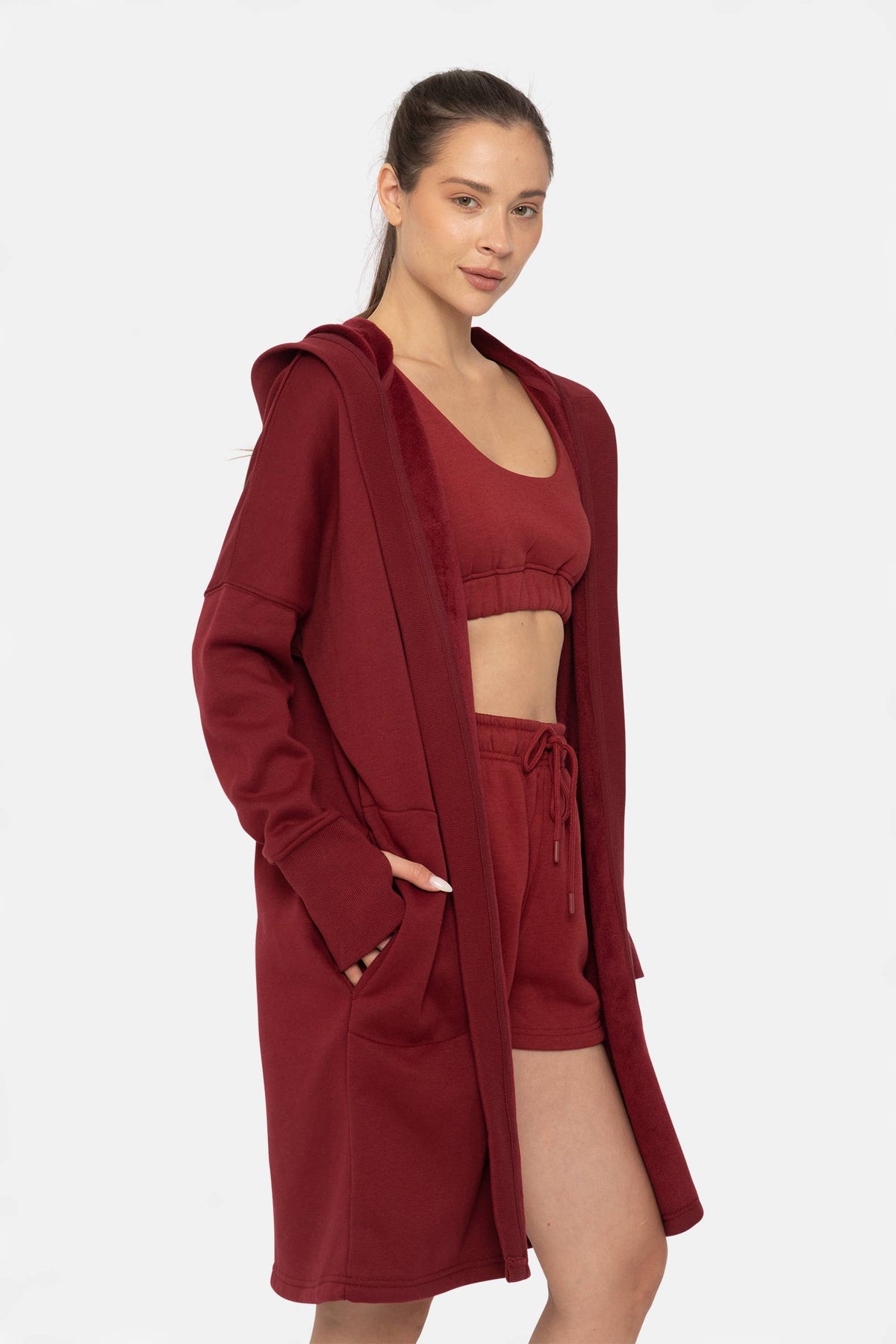 Mono B Longline Hoodie Cardigan with Fleece Lining - Red Velvet