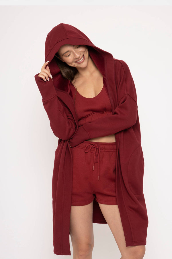 Mono B Longline Hoodie Cardigan with Fleece Lining - Red Velvet