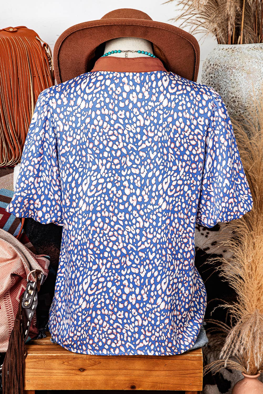 Mae Leopard Print Spot Contrast Half Puff Sleeve Shirt