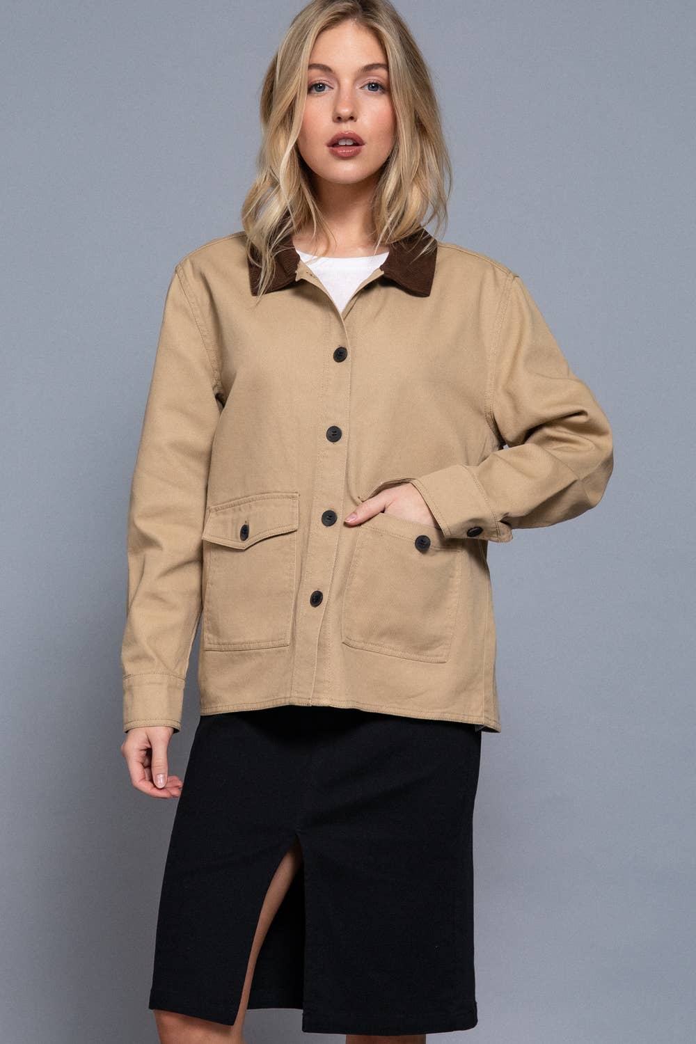 Long Sleeve Corduroy Collar Cotton Twill Work Jacket