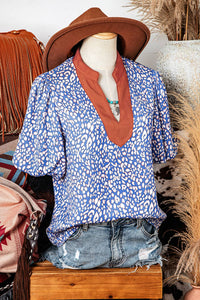 Mae Leopard Print Spot Contrast Half Puff Sleeve Shirt