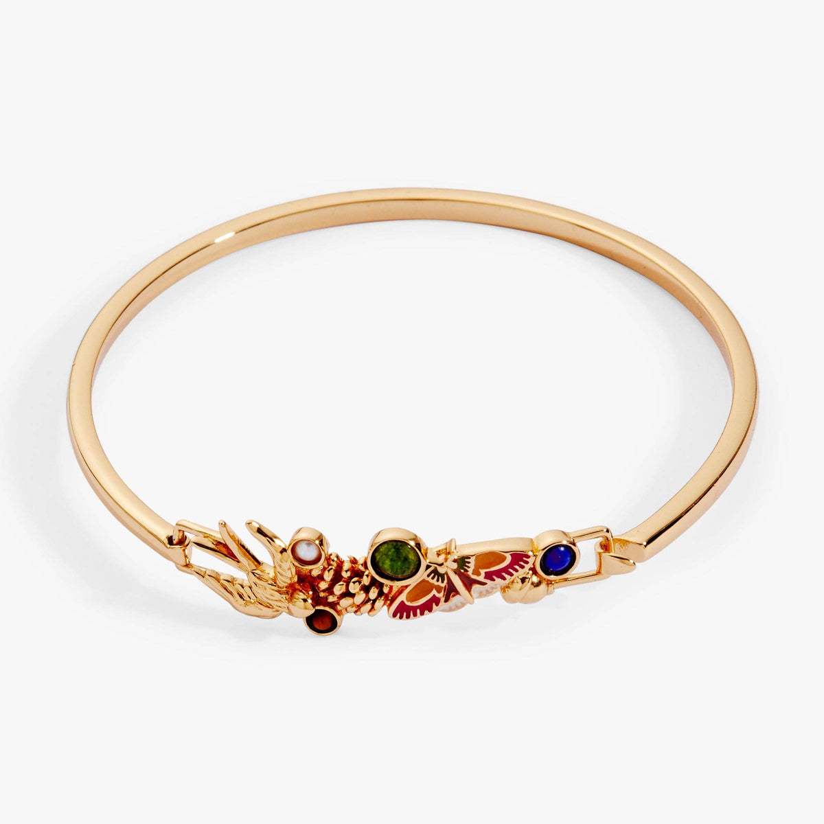 Gold bracelet with colorful gemstones on a white background