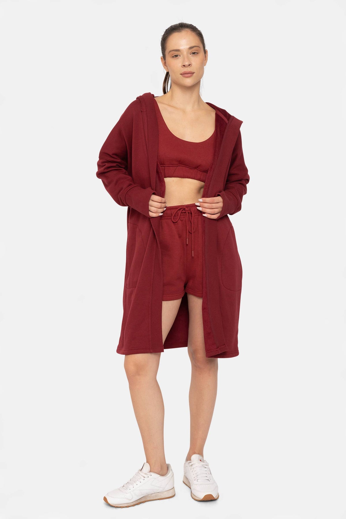Mono B Longline Hoodie Cardigan with Fleece Lining - Red Velvet