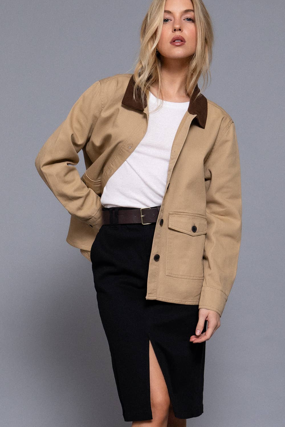 Long Sleeve Corduroy Collar Cotton Twill Work Jacket