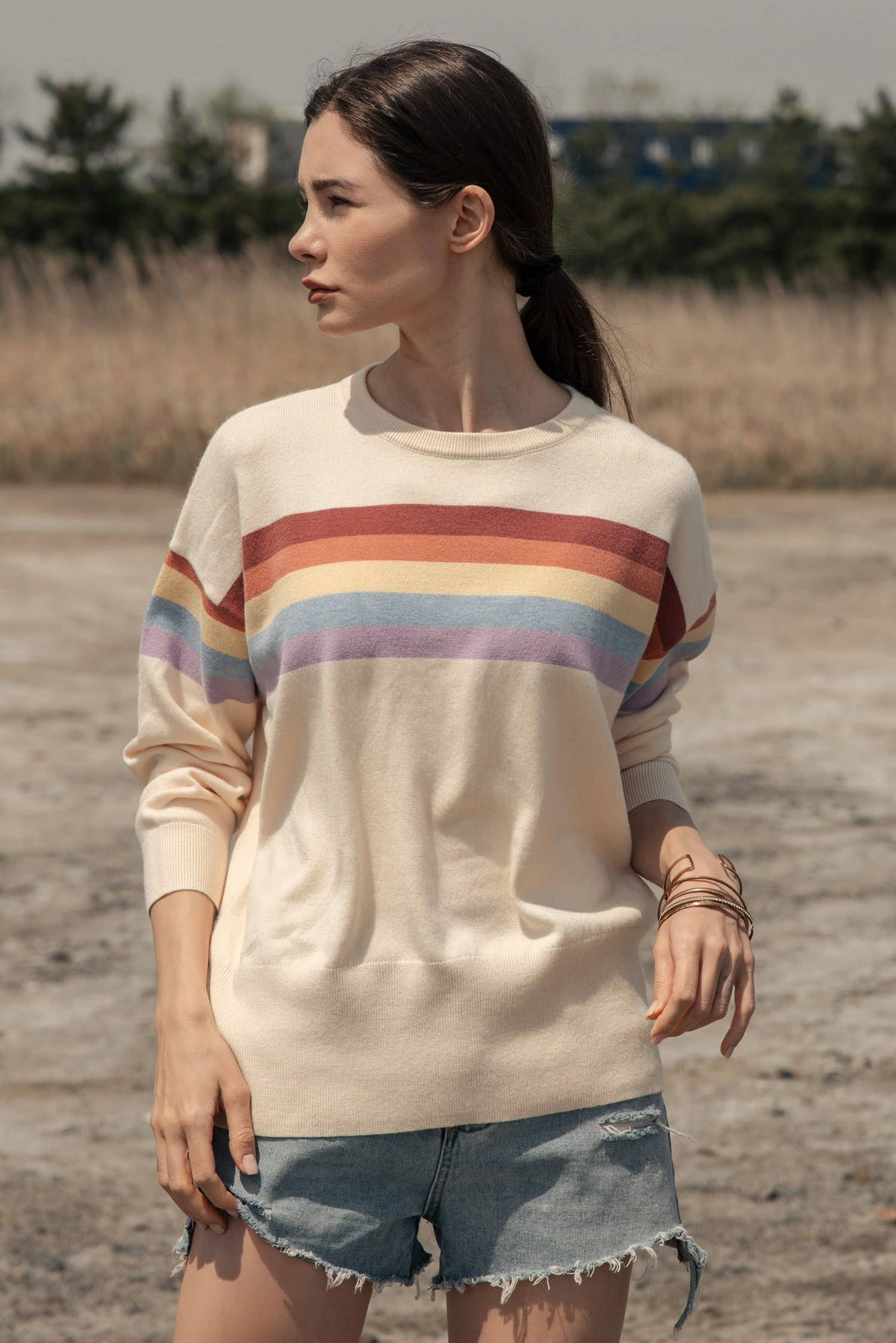 Round Neck Knit Sweater with Multi Stripe Detail