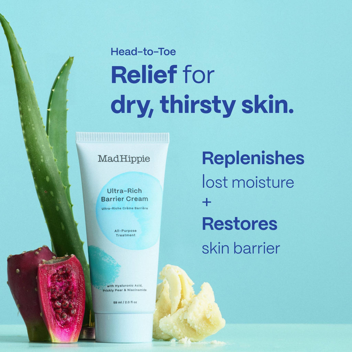 MadHippie Ultra-Rich Barrier Cream with aloe vera plant and dragon fruit on a light blue background