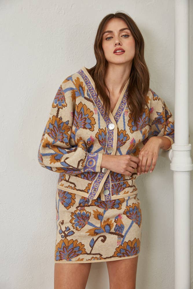 Jacquard Knit V-Neck Cardigan