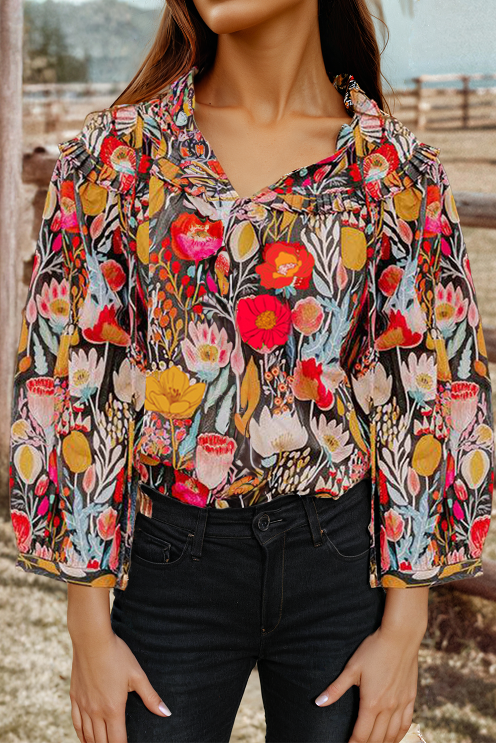 Louisa Floral Puff Sleeve Tied Neck Blouse