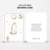 Collectible meaning card with ghost illustration and text on a white background