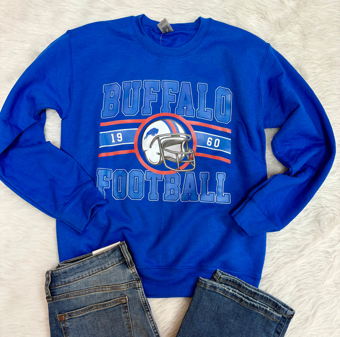 Retro buffalo bills sweathshirt with jeans on a white background