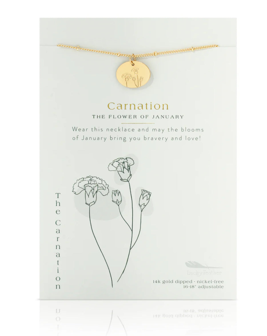 Lucky Feather Birth Flower Necklace - Carnation (January)