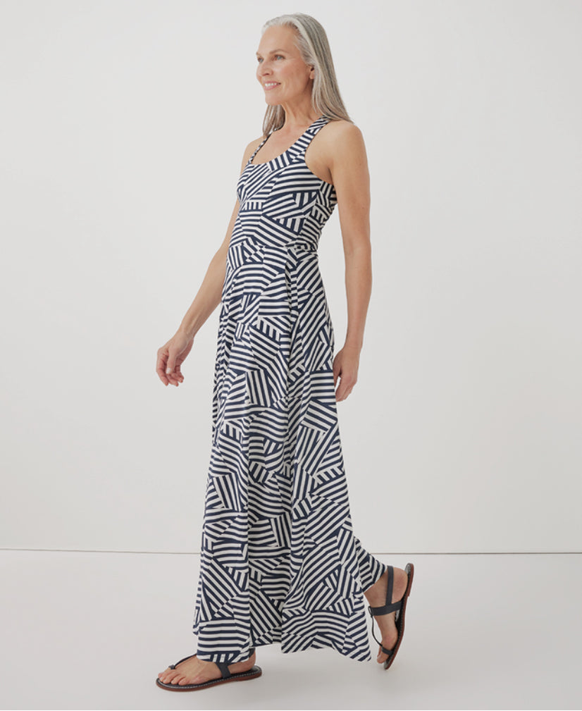 Pact Fit & Flare Open Back Maxi Dress - Cool Mixed Stripe