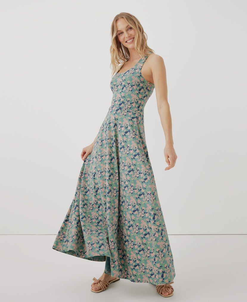 Pact Fit & Flare Open Back Maxi Dress - Shadow Floral Spruce