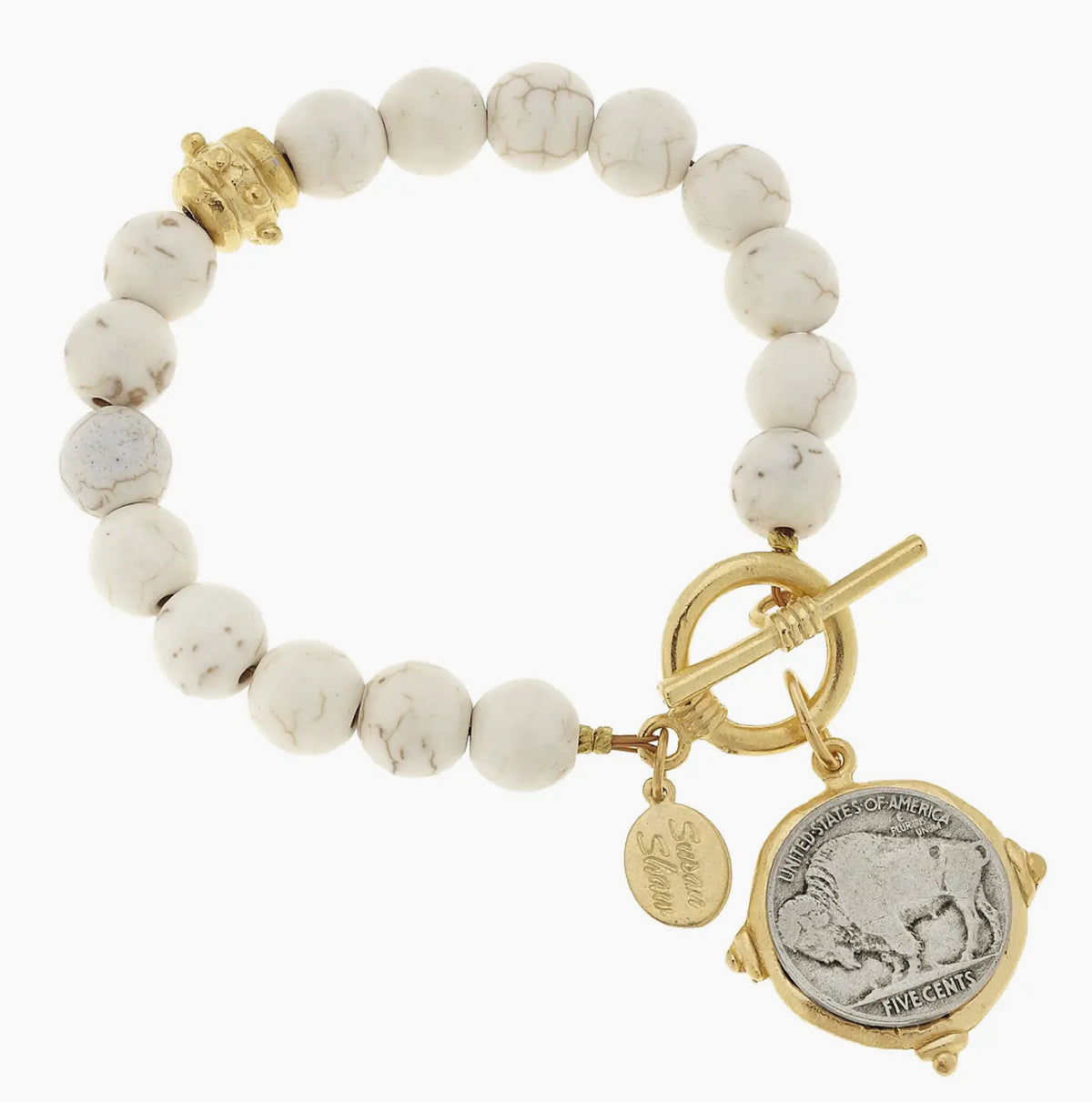 Susan Shaw Gold and Silver Genuine Buffalo Nickel On White Turquoise Bracelet