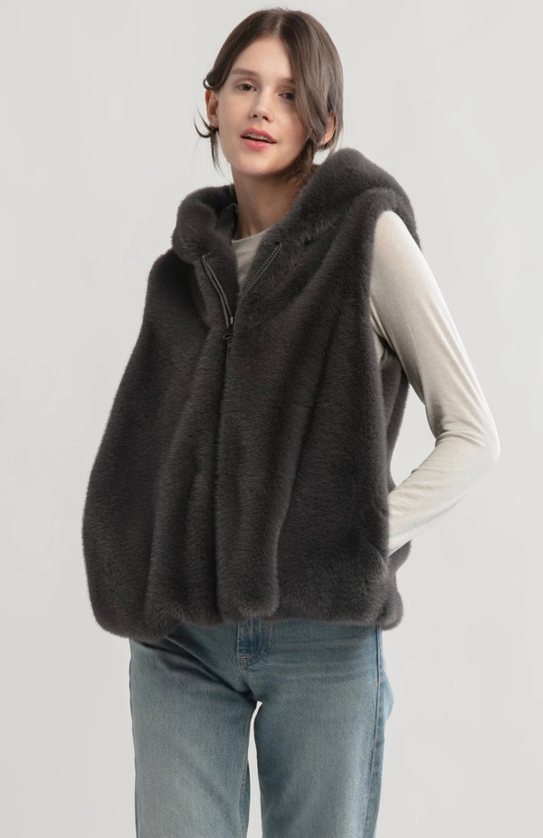 Look By M Zip Up Fur Hooded Vest