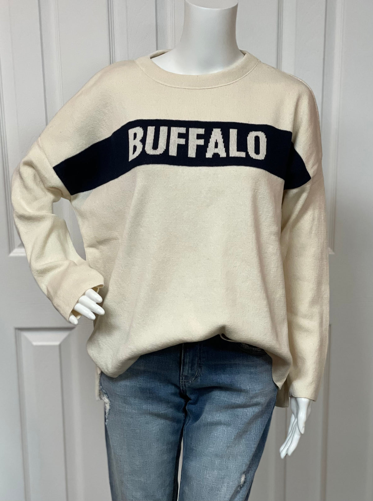 Town Pride Natural & Navy Buffalo High Low Sweater