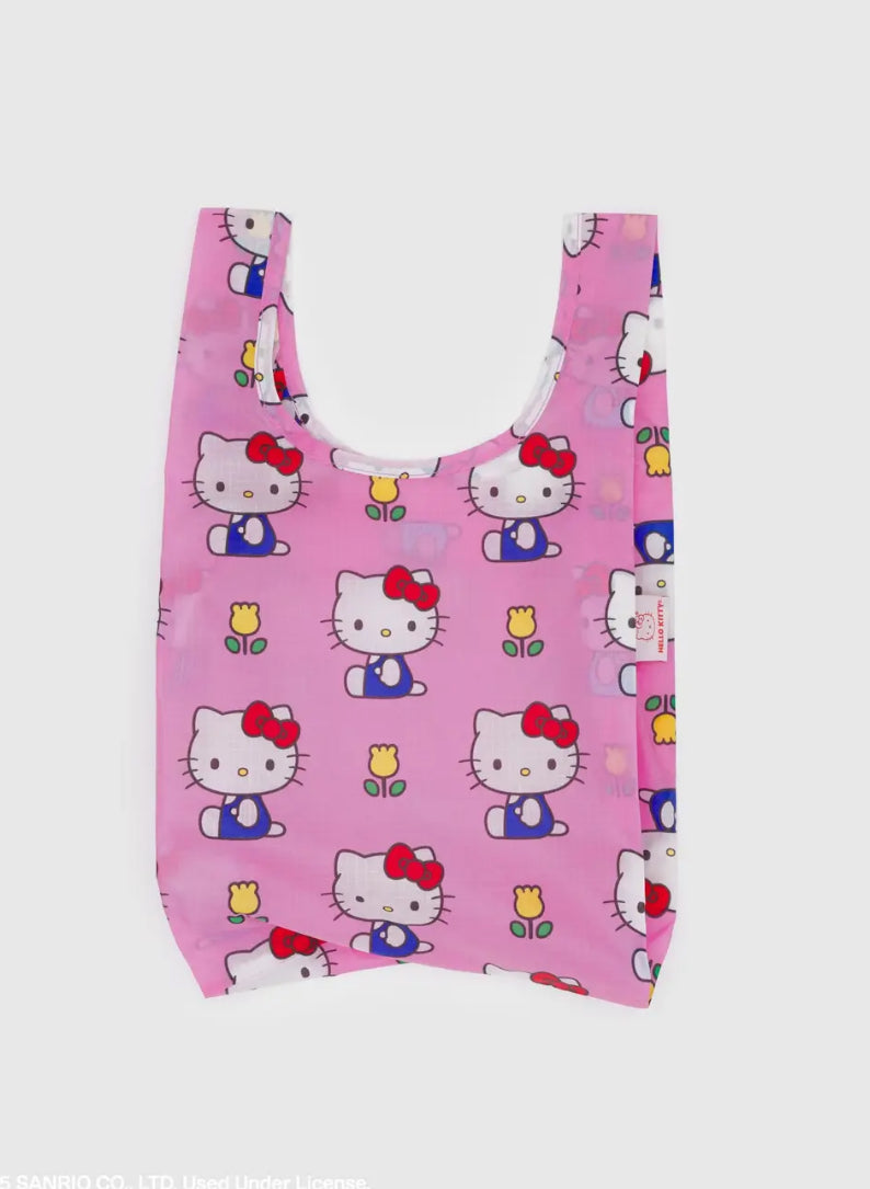 Pink reusable bag with Hello Kitty pattern on a white background