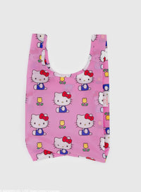 Pink reusable bag with Hello Kitty pattern on a white background