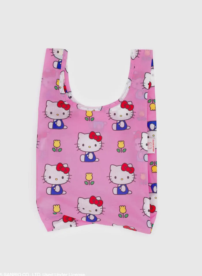 Pink reusable bag with Hello Kitty pattern on a white background