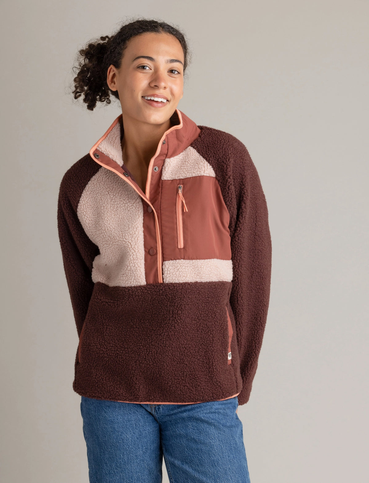 Women's Tara Quarter Snap Berber Pullover - Bitter Chocolate & Mahongany