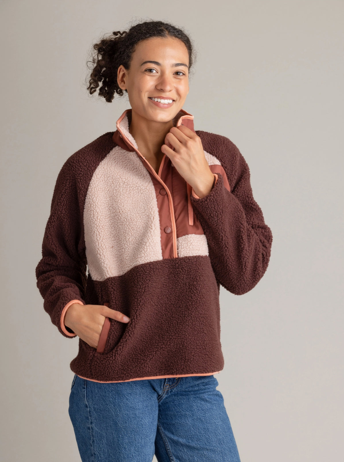 Women's Tara Quarter Snap Berber Pullover - Bitter Chocolate & Mahongany