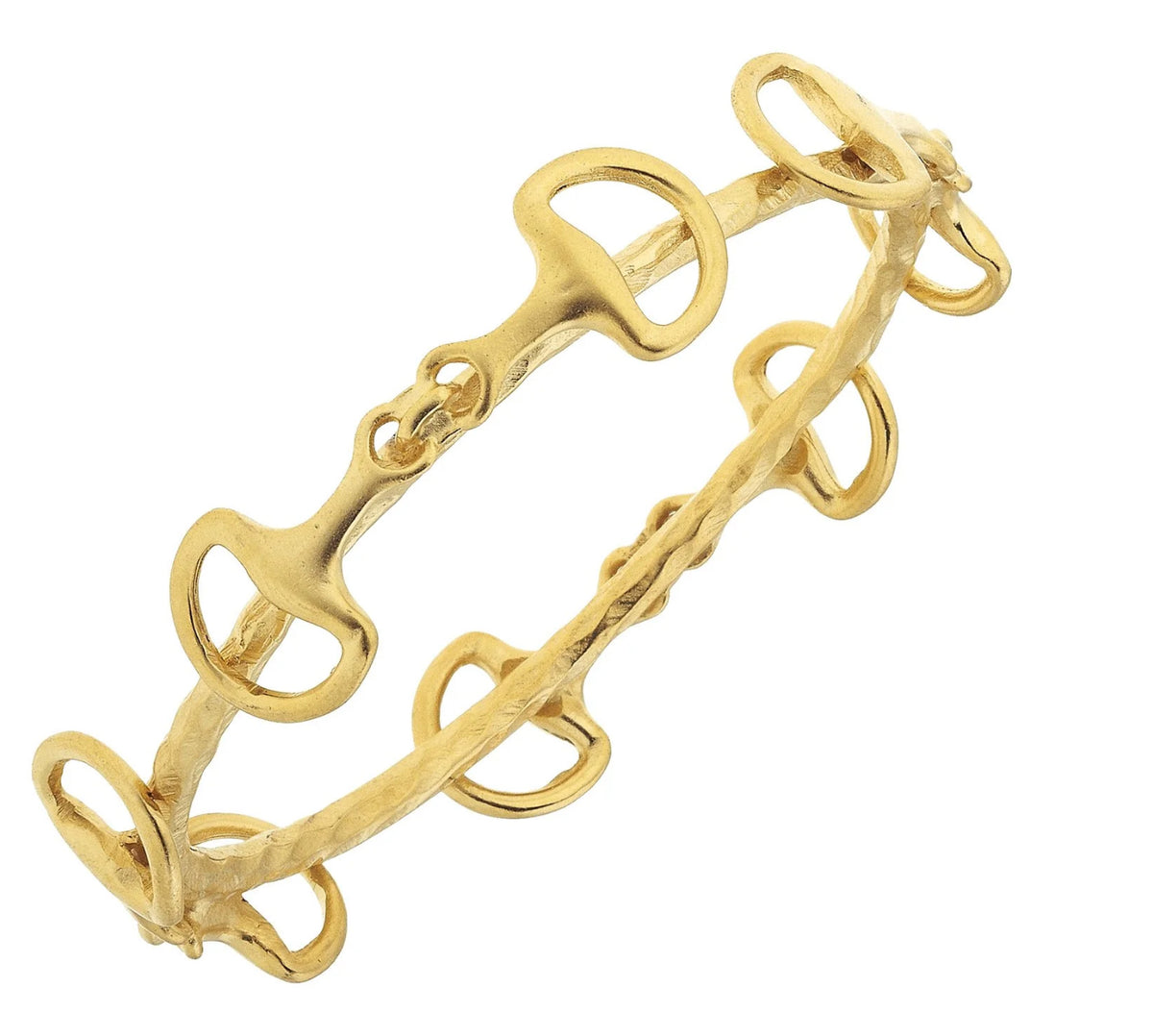 Gold bracelet with interlocking design on a white background