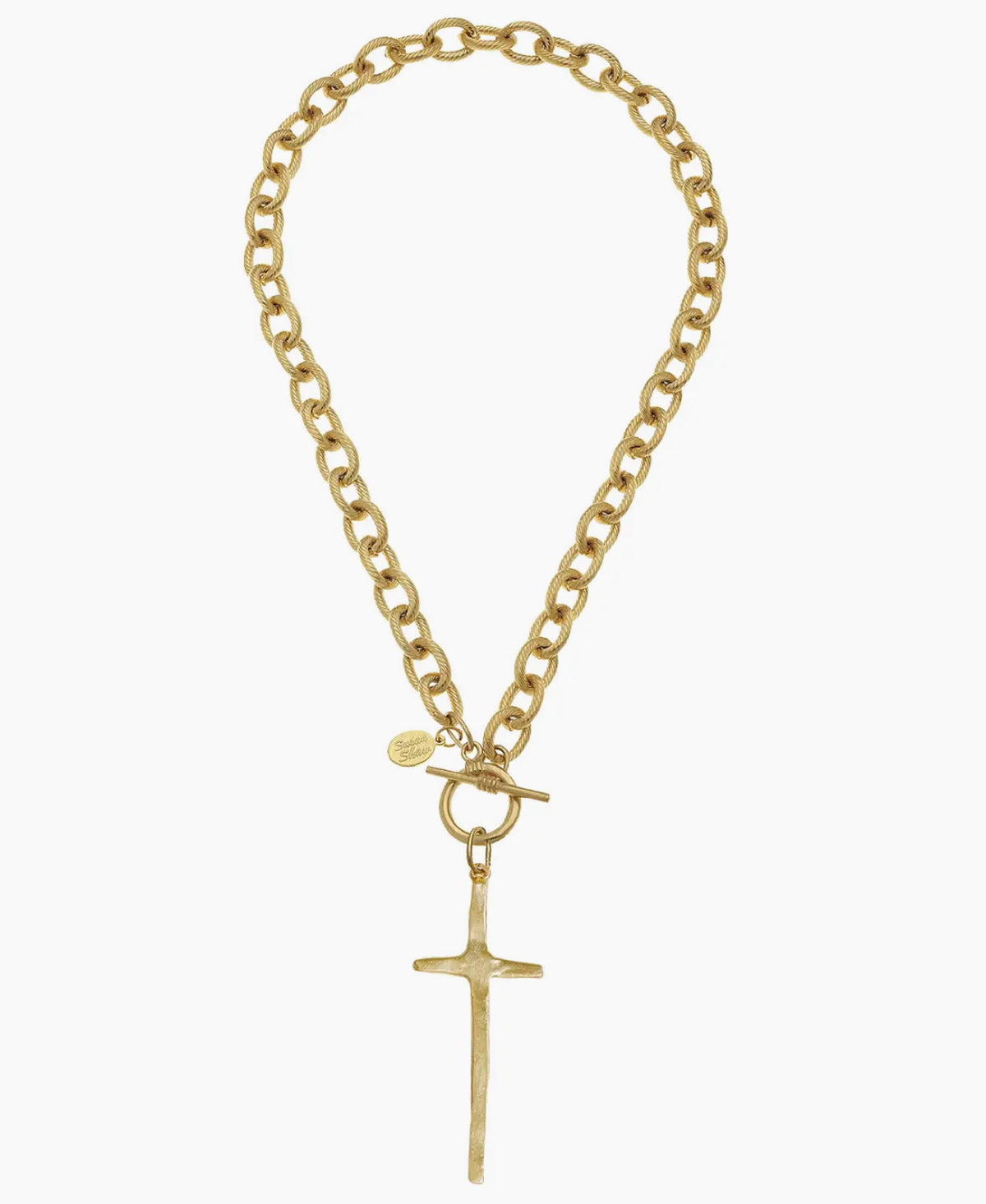 Gold chain necklace with a cross pendant on a white background
