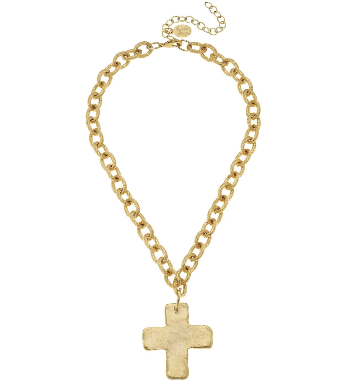 Gold chain necklace with a cross pendant on a white background