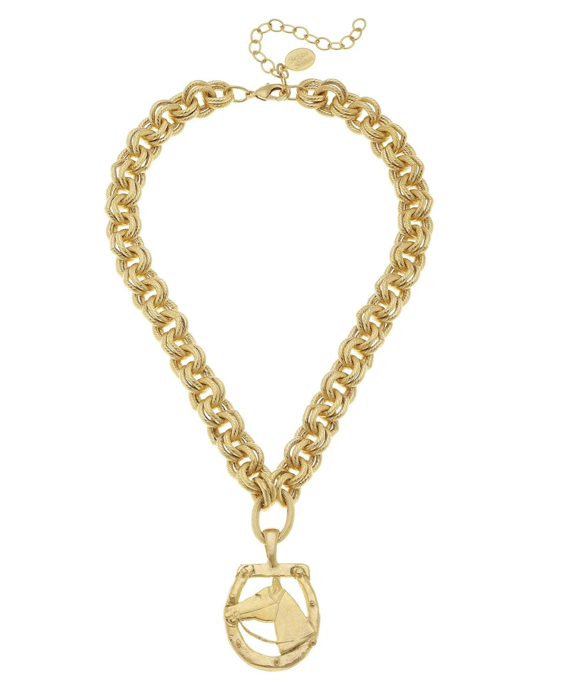 Gold chain necklace with a pendant on a white background