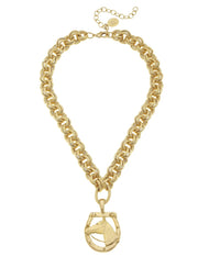 Gold chain necklace with a pendant on a white background