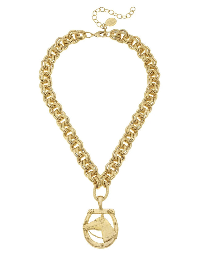 Gold chain necklace with a pendant on a white background