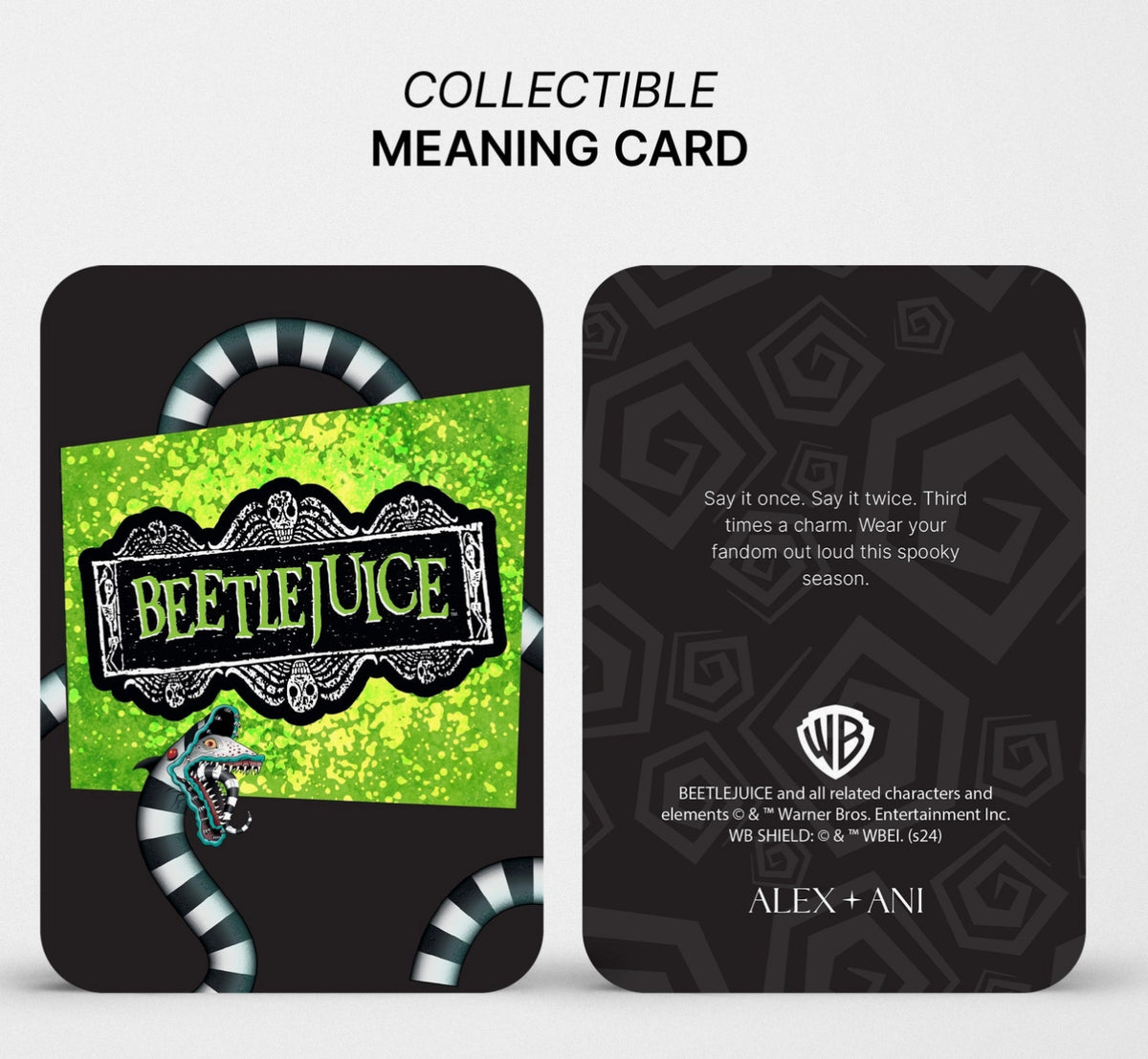 Collectible 'Beetlejuice' meaning card with green and black design on a white background