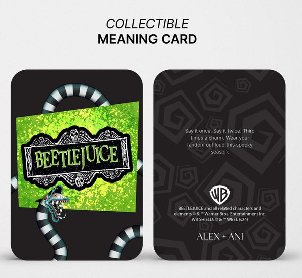 Collectible 'Beetlejuice' meaning card with green and black design on a white background