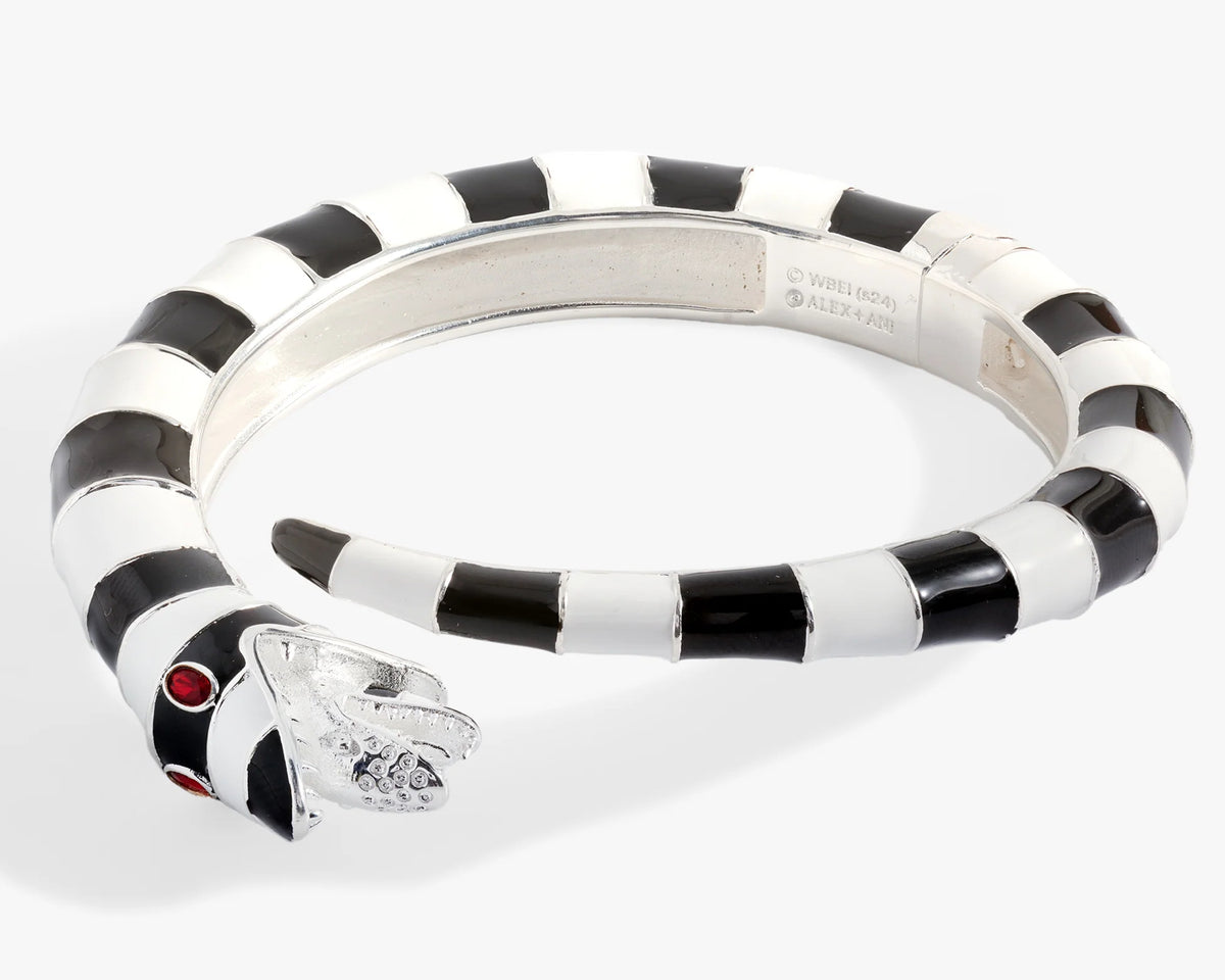 Black and white striped bracelet with a silver clasp on a white background