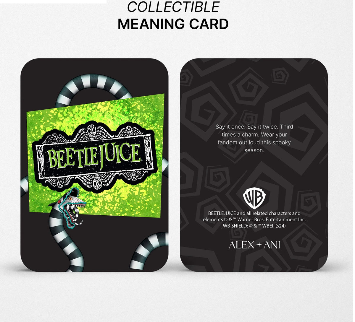 Collectible 'Beetlejuice' themed card with green and black design on a white background