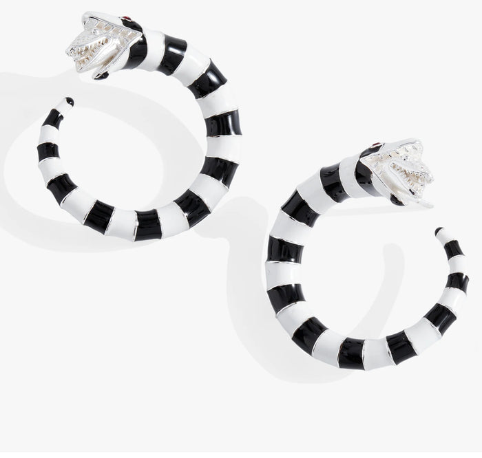 Black and white striped hoop earrings on a white background