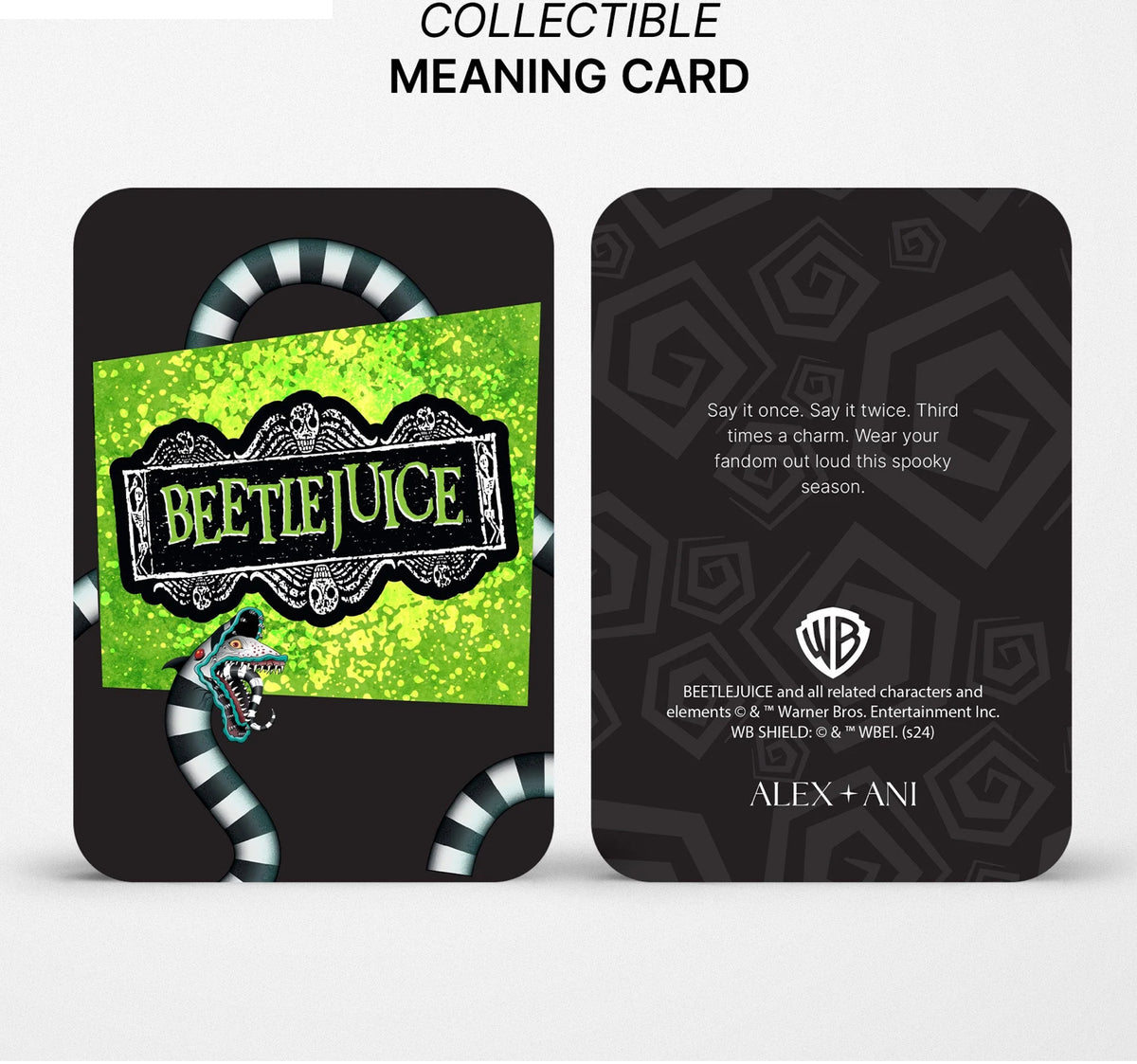 Collectible 'Beetlejuice' themed card with green and black design on a white background