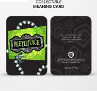 Collectible 'Beetlejuice' themed card with green and black design on a white background