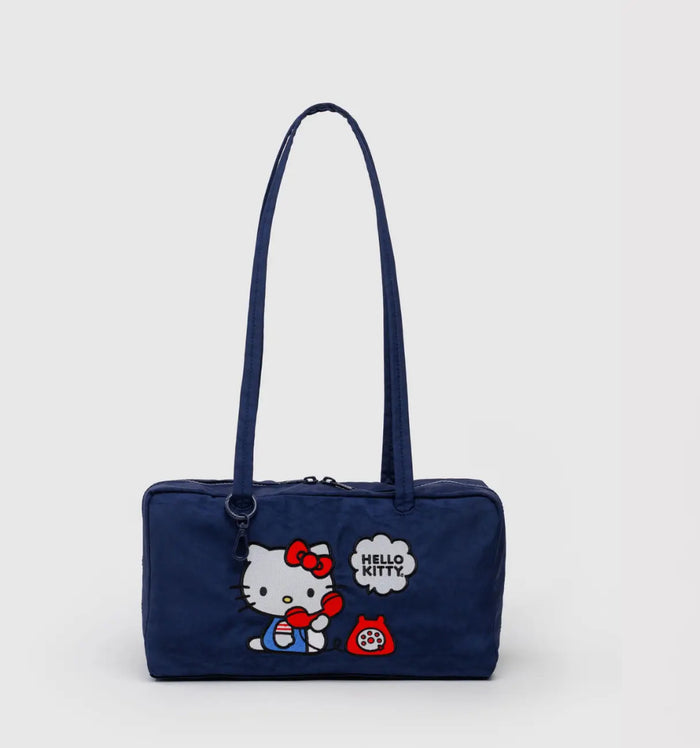 Navy blue handbag with Hello Kitty design on a white background