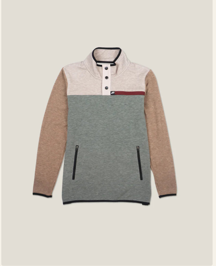 Color-blocked pullover with beige sleeves and gray torso on a light beige background