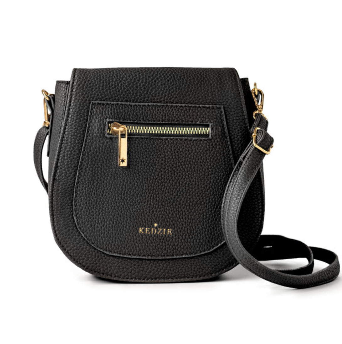 Black handbag with gold zipper and 'KEDZIR' branding on a white background