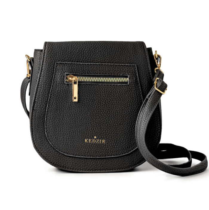 Black handbag with gold zipper and 'KEDZIR' branding on a white background