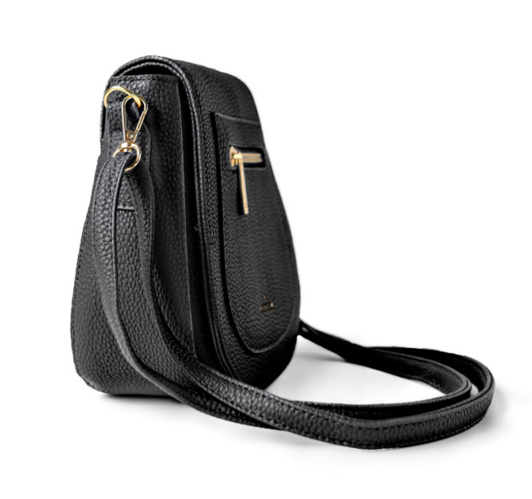 Black leather crossbody bag with gold zipper on a white background