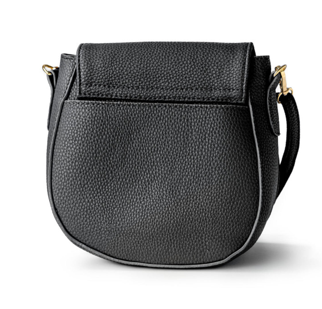 Black leather handbag with a strap on a white background