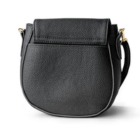 Black leather handbag with a strap on a white background