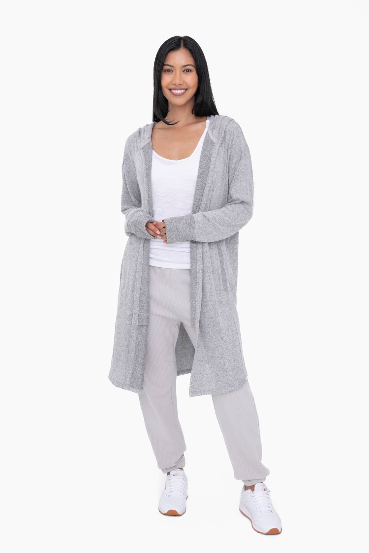 Mono B Open Front Hooded Cardigan with Pockets