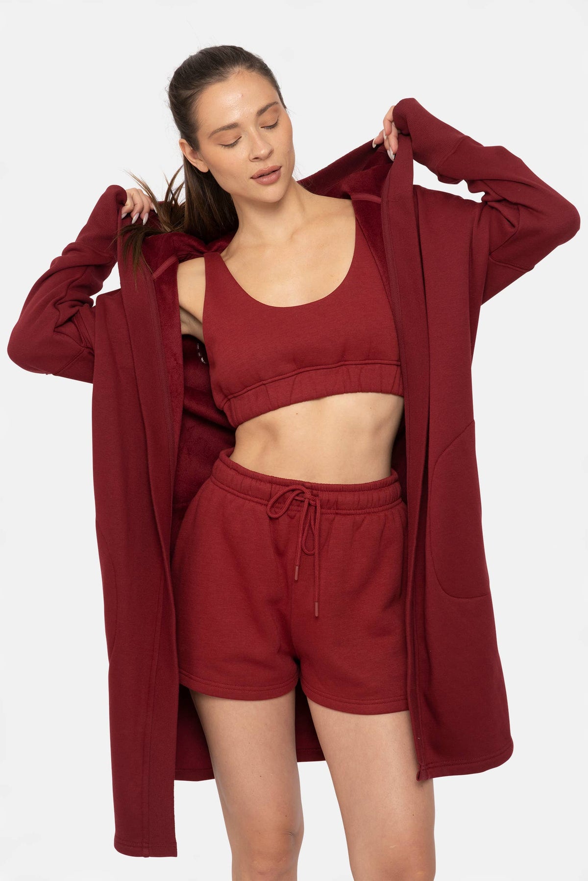 Mono B Longline Hoodie Cardigan with Fleece Lining - Red Velvet