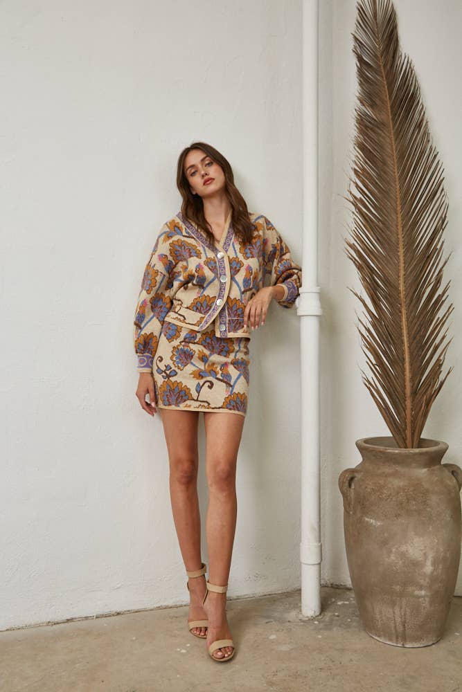 Jacquard Knit V-Neck Cardigan