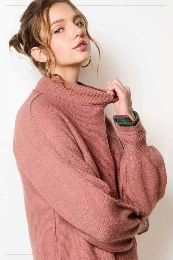 Balloon Sleeve Mock Neck Sweater In Rosewood