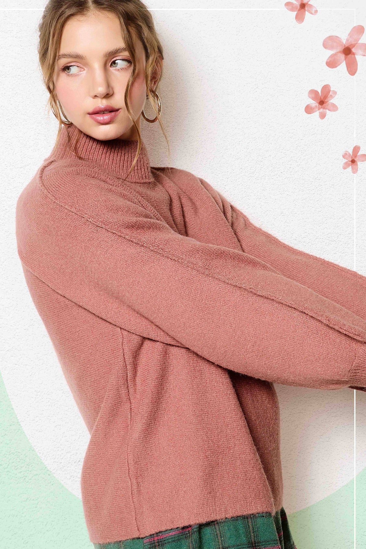 Balloon Sleeve Mock Neck Sweater In Rosewood